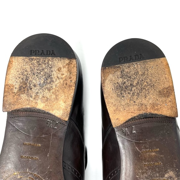 AUTHENTIC! Prada Brown Leather Cut Out Perforated Wingtip Loafers Size 7.5 - Picture 10 of 12